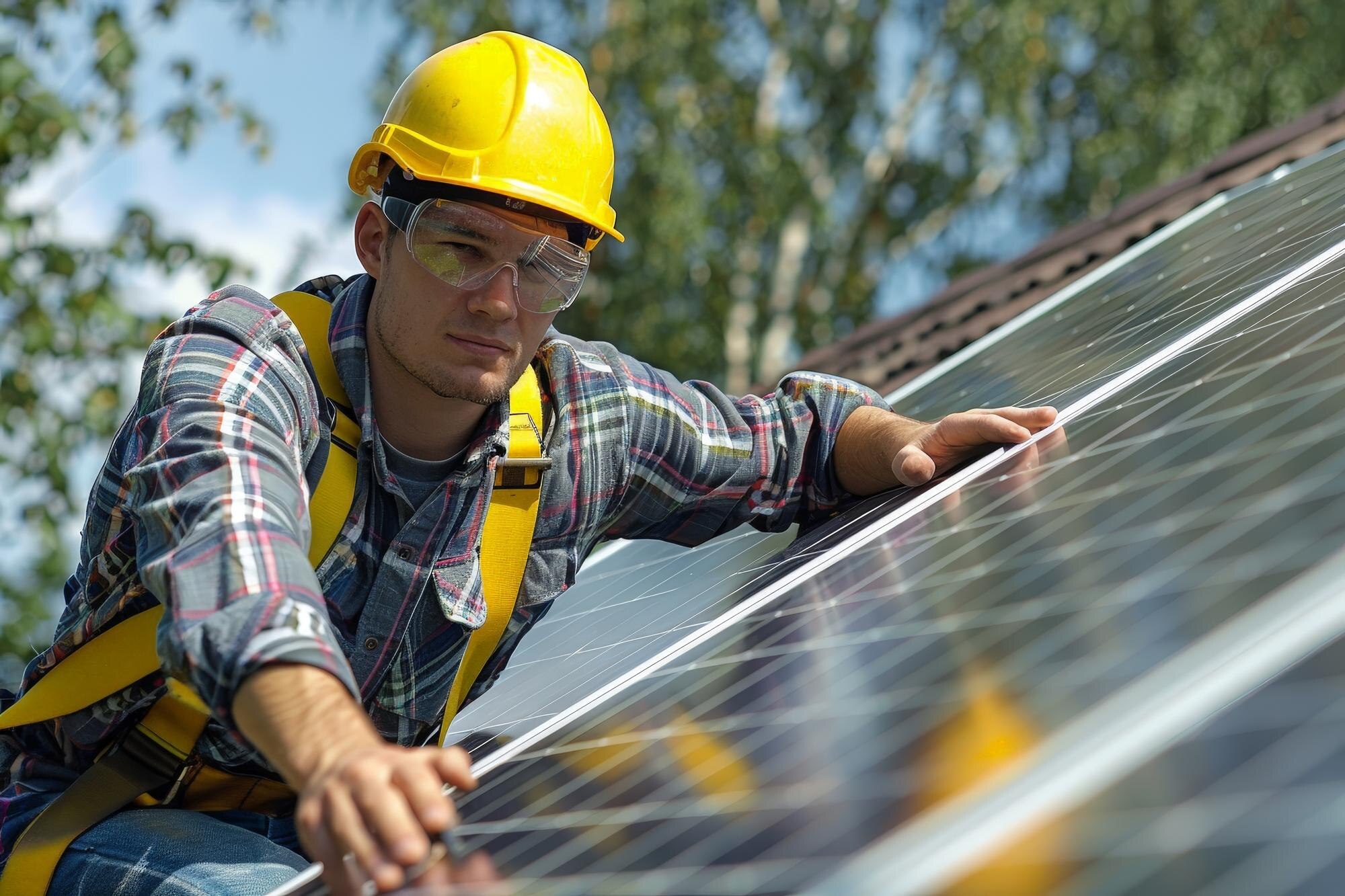 Installateur posant des panneaux solaires photovoltaïques et travaux électriques associés sur toiture